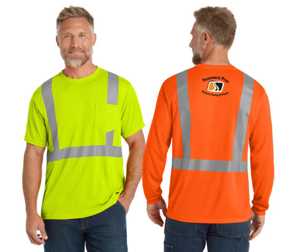 model showing the front and back of safety gear tshirt