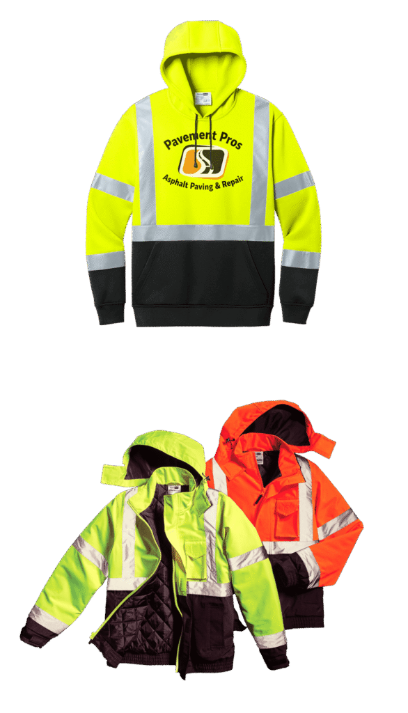 two images stacked on top of each other. one is a bright yellow hoodie, the other two bright safety color bomber jackers
