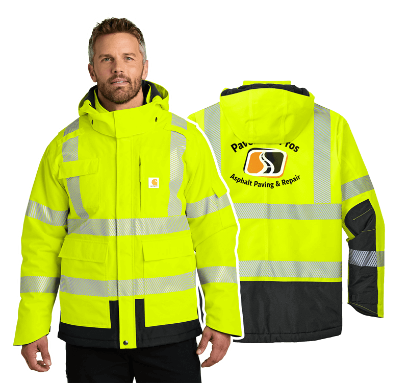 Man in a large carhartt safety gear jackets, and a solo image of the back of the jacket next to him