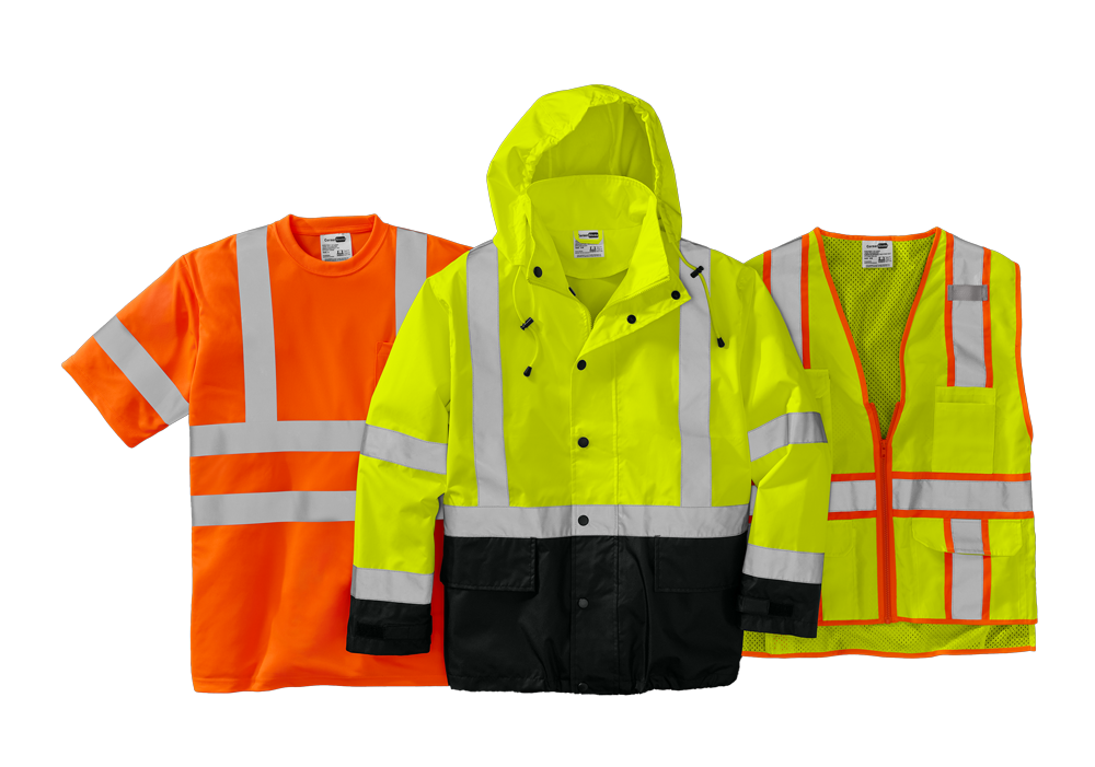 a safety vest, safety bomber jacker, and safety t-shirt lined up 