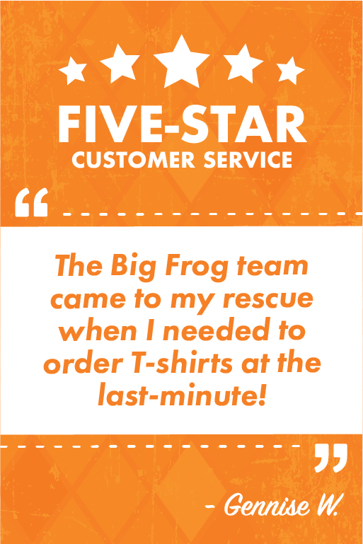 Image of Five-Star customer service review for Big Frog Custom T-shirts & More of Marietta for its custom t-shirt printing service.
