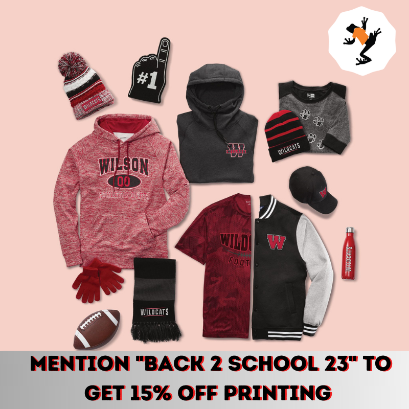 Image of Red school clothes laid out in a square, offering 15% off on printing.