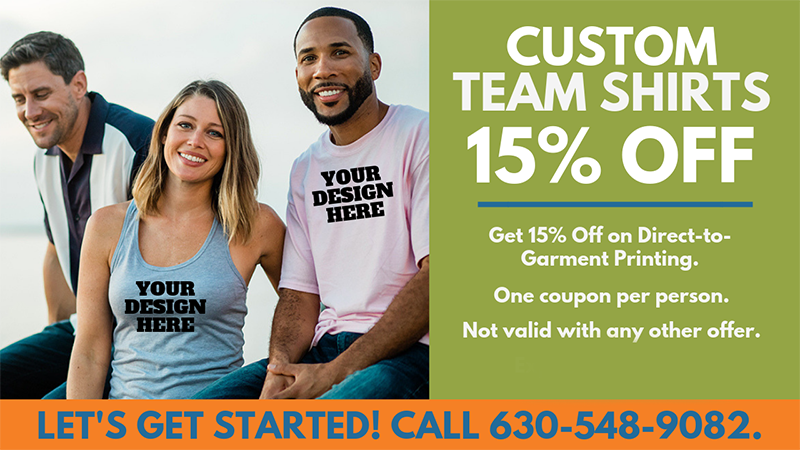 Custom Team Shirts I Enjoy 15% off I Call Us at Big Frog of Naperville!