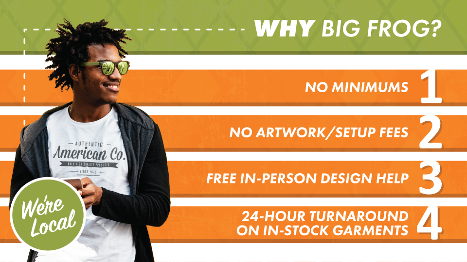 Image of The features and benefits of working with Big Frog. No Minimums, No Artwork or Setup Fees, Free In-Person Design Help, 24 Hour Turnaround