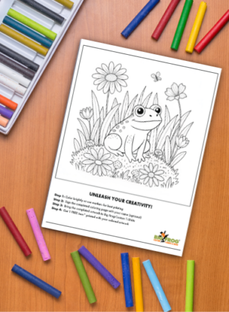Image of Image of a coloring page featuring a frog surrounded by flowers