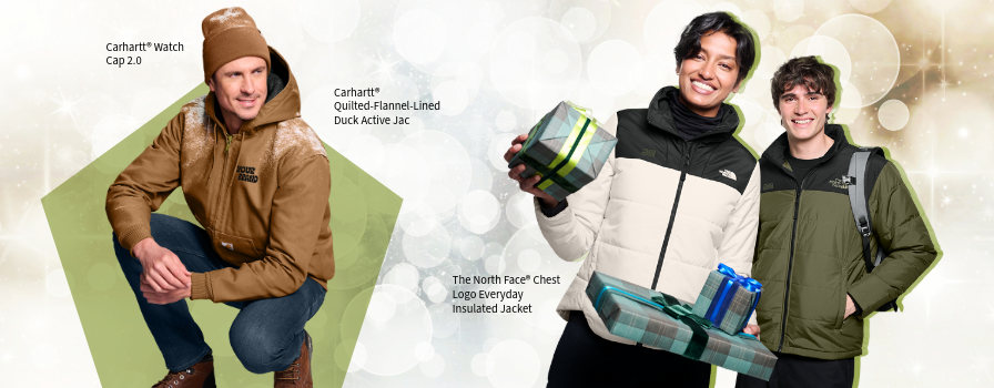 Image of Holiday gift guide featuring three people wearing branded jackets and accessories, with labels identifying a Carhartt watch cap and jacket and The North Face insulated jackets.