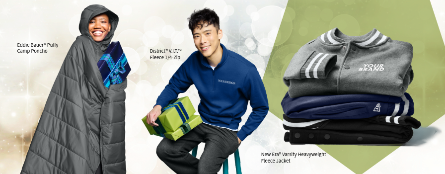 Image of Two people wearing branded winter jackets and carrying wrapped holiday gifts, set against a festive winter-themed background.