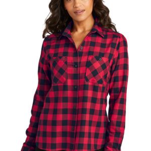 Woman in a Port Authority Red Plaid Button Up