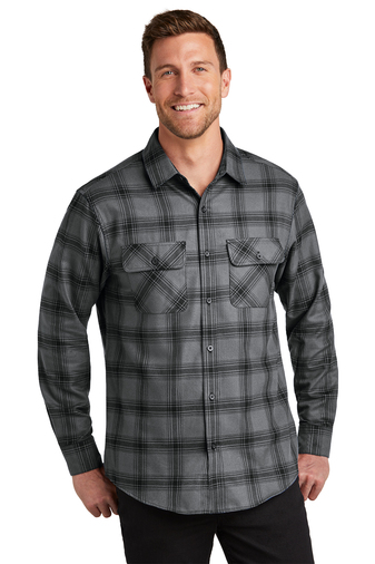 Man in a light Gray & Black Plaid Flannel Shirt