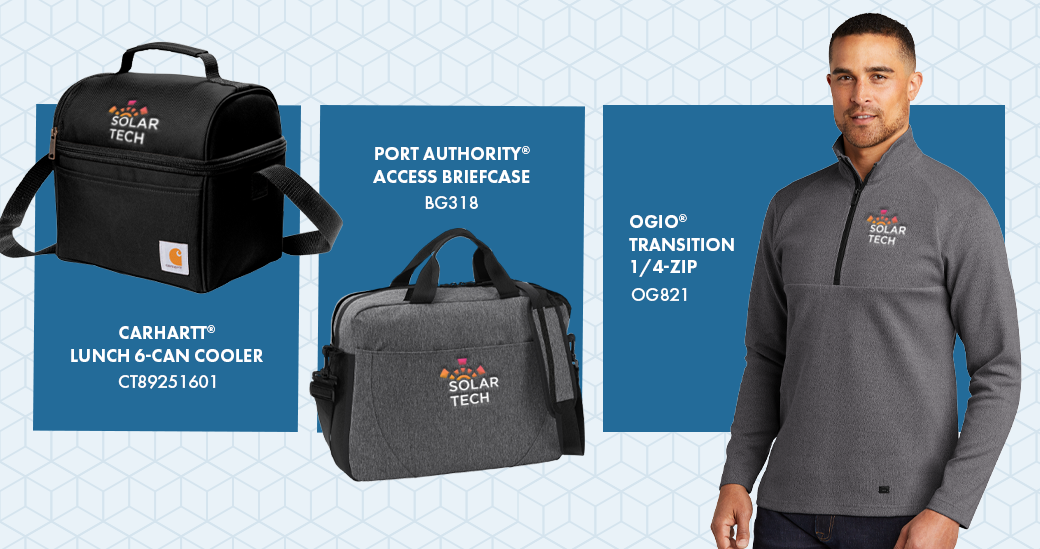 Branded business apparel showing a lunch bag, tote bag or soft sided briefcase, and a man wearing a zipped up jacket, all branded with logos by Big Frog