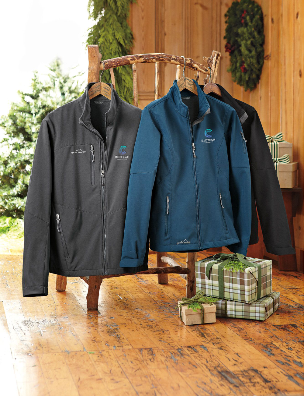 Photo of three winter jackets hanging on hangers EB530 EB531 Stack GH12