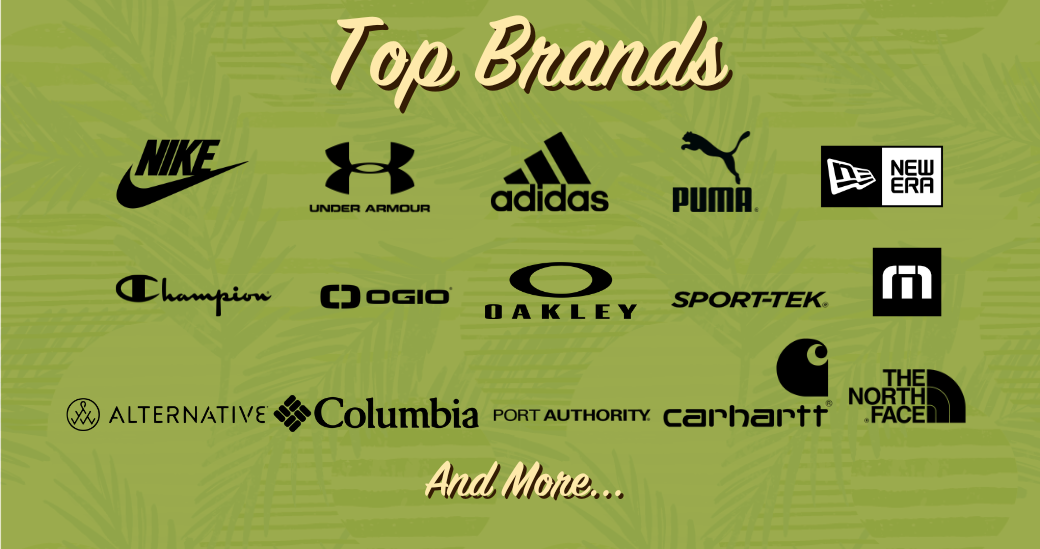Selected Top Brands offered by Big Frog, including Nike, Under Armour, Addidas, Puma, New Era, Champion, Ogio, Oakley, Sport-Tek, Alternative, Carhardtt, The North Face, and more