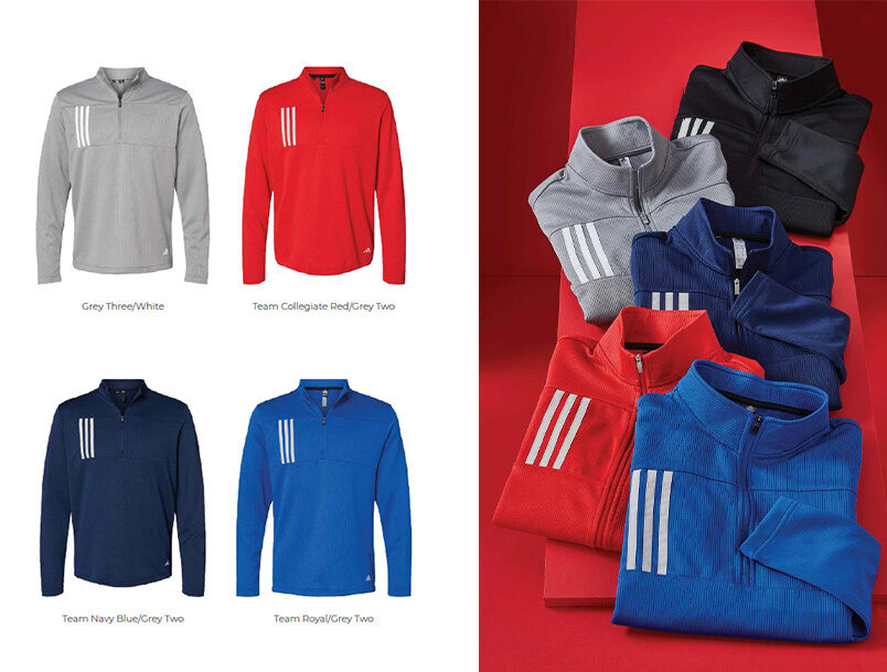 Athleisurewear featuring Adidas 3 Stripe Quarte Zip availaible in red, blue, gray, and dark gray