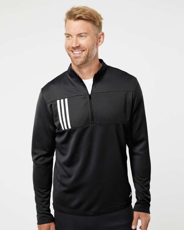 Adidas mens 3-Stripes Double Knit Quarter-Zip Pullover in black.