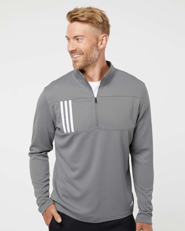 Adidas mens 3-Stripes Double Knit Quarter-Zip Pullover in grey.