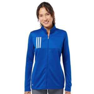 Woman in adidas 3 stripe zip-up jacket