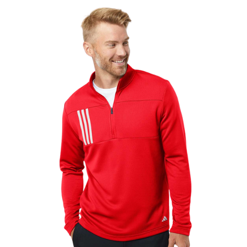 Adidas mens 3-Stripes Double Knit Quarter-Zip Pullover in red.