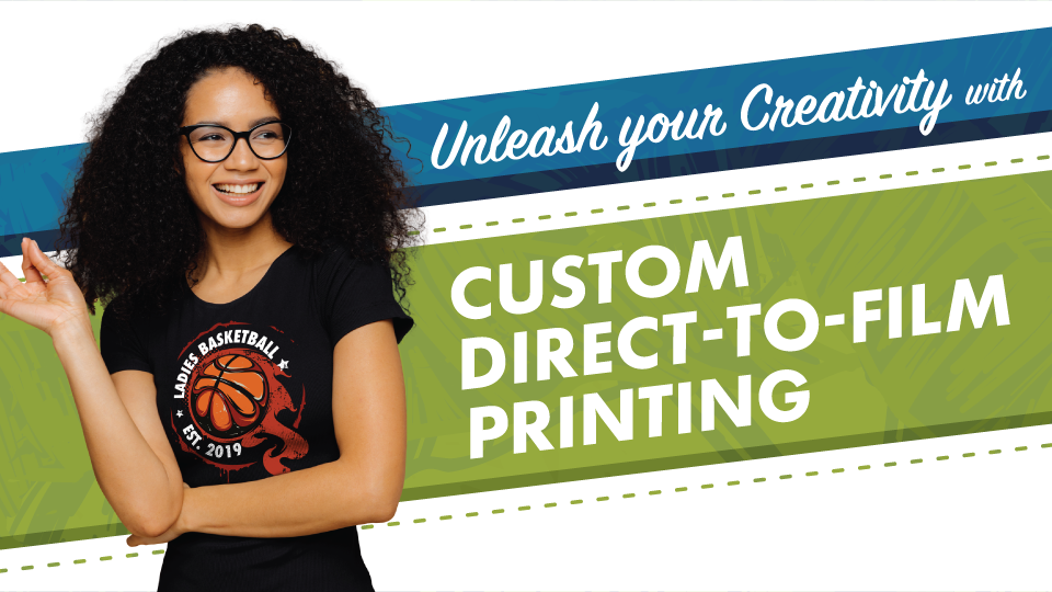 Woman wearing a Big Frog direct-to-film DTG printed tshirt captioned Unleash Your Creativity: Custom Direct to Film Printing