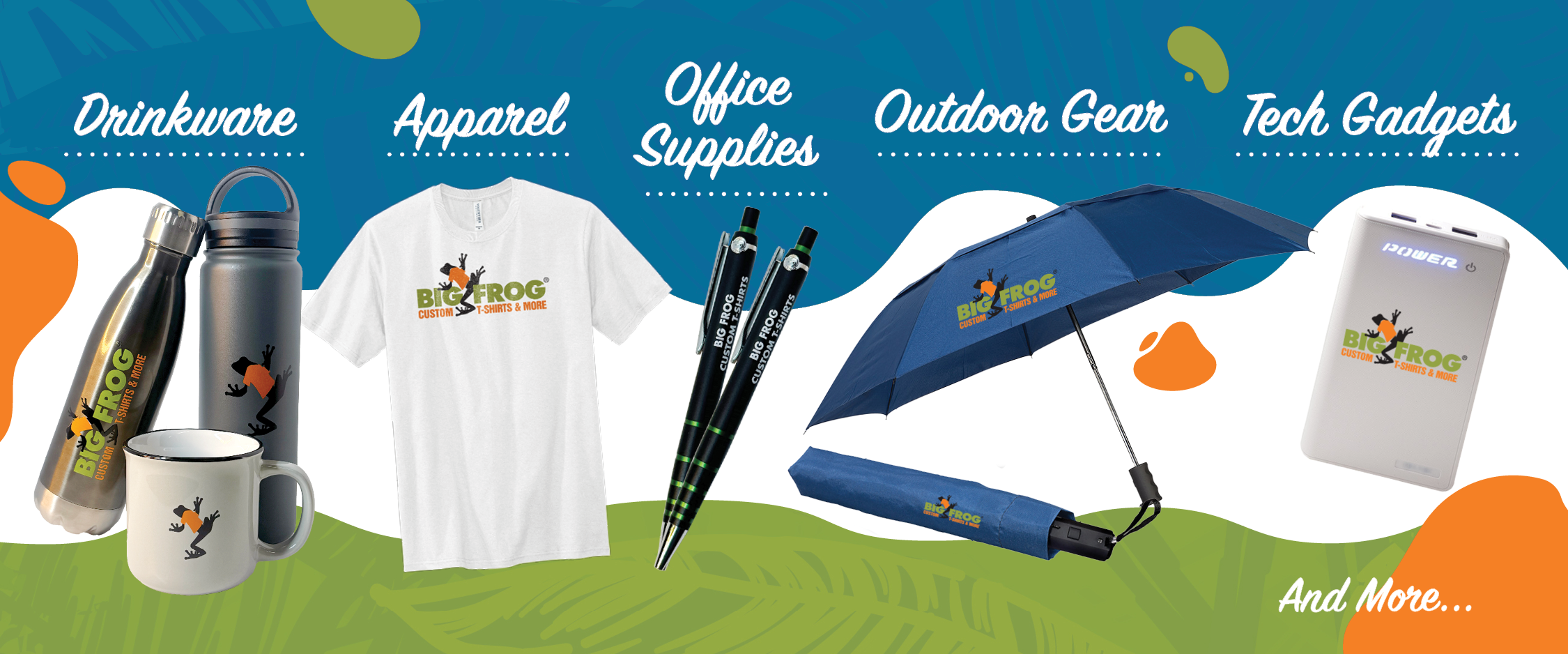 Promotional products including an umbrella, pens, tech gadgets, and a white shirt, grey waterbottles, and a white mug