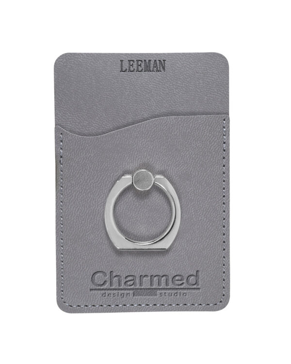 A custom branded card holder with metal ring phone stand.