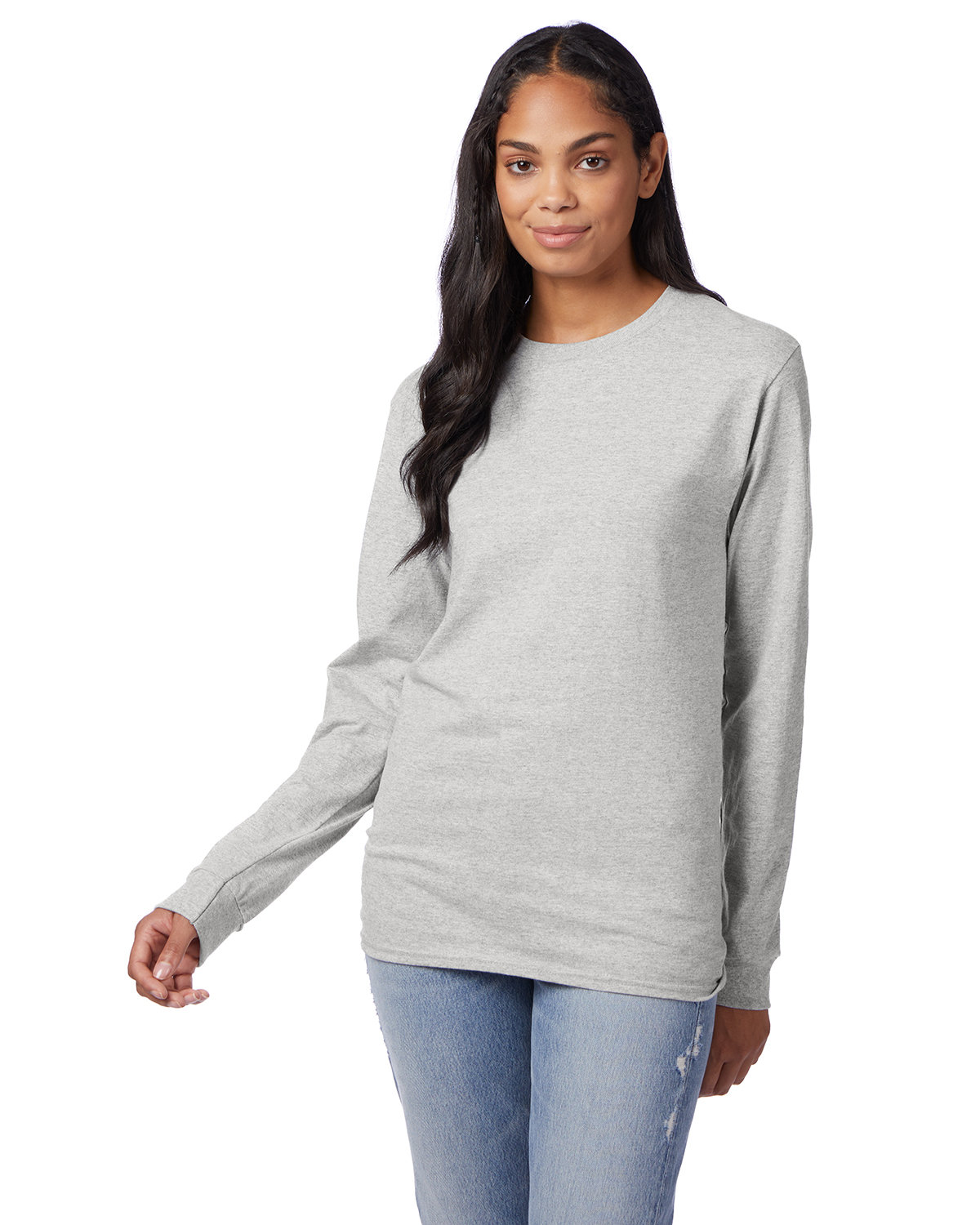 Female model wearing a ash Hanes Unisex Tagless® Long-Sleeve T-Shirt - 5586