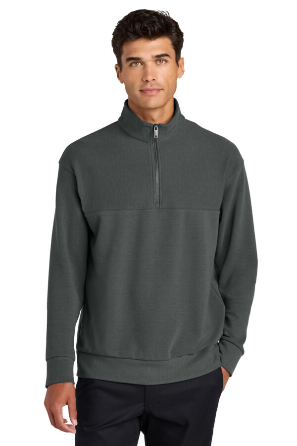 Model wearing Storm Grey Mercer+Mettle® Linear Texture 1/4-Zip