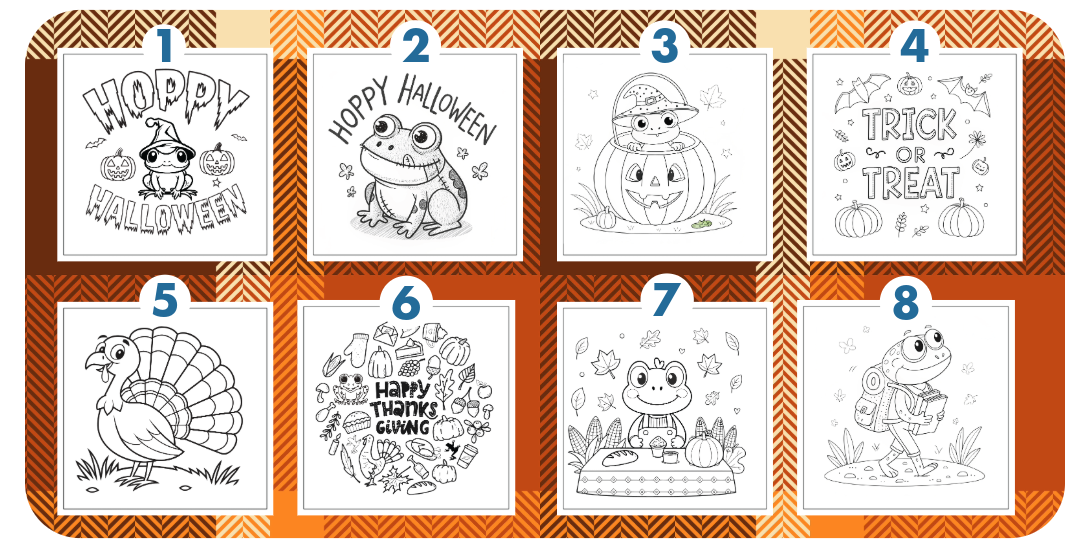 Image of a collection of fall holiday themed coloring pages