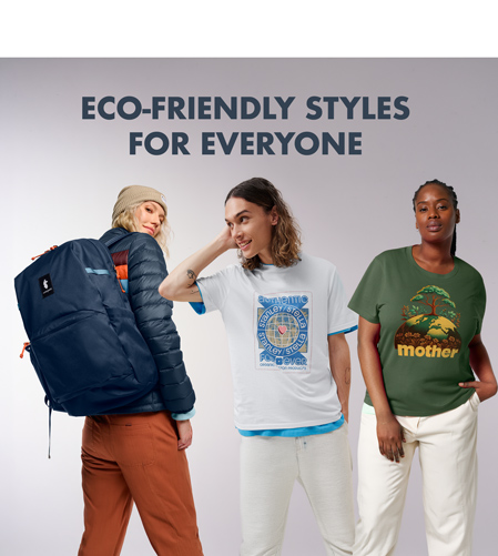 Image of three people, the first one a woman facing away from the camera, on her back is a large blue Cotopaxi backpack. the middle a man with long hair posing, and on the left is a woman wearing a green tshirt
