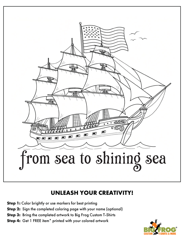 Image of a black and white line work coloring page featuring a large old school ship and text along the bottom 