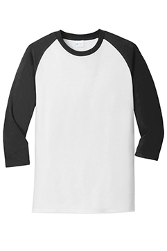 White / Jet Black Port & Co® Core Blend 3/4-Sleeve Raglan Tee
